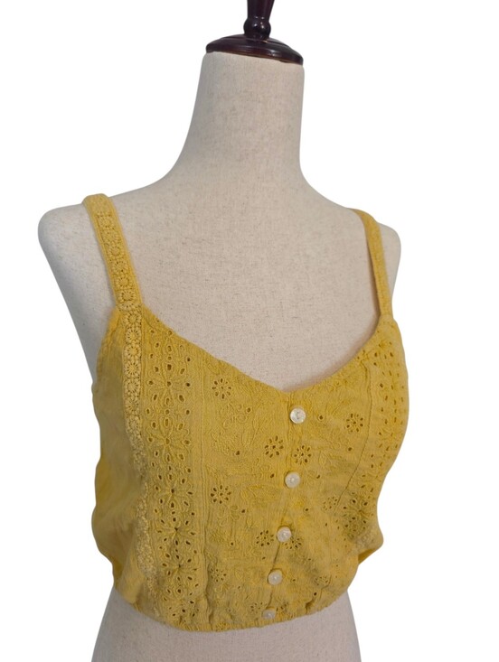 American Eagle Outfitters Tops - American Eagle Crop Top Yellow Eyelet Embroidered Faux Button Front